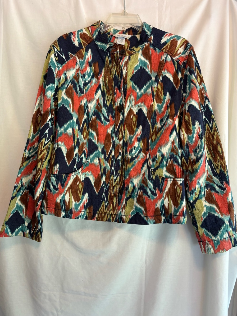 Multicolor Ikat Button-Front Jacket with Patch Pockets